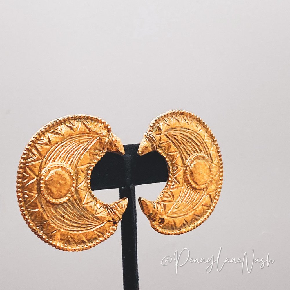 Vintage Gold Tribal Moon Plate Large Drop Earrings - Picture 2 of 6